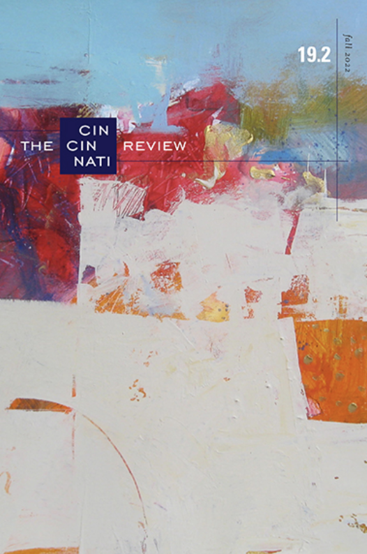 Cincinnati Review 19.2, Fall 2022, cover with abstract watercolor blocks of red, orange, and blue on a white background.