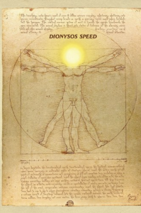 Cover of Dionysos Speed by Rainer J. Hanshe, featuring an illustration of the Vitruvian man with a bright yellow ball of light replacing the man's head.