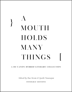 Cover of A Mouth Holds Many Things, featuring black text on a white background with a square bracket and a curly bracket facing away from the text.