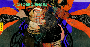 Cover image of Adi Magazine's Issue 19: Disobediences, featuring an abstract illustration of intertwining hands and bodies in red, blue, pink, black, and beige.