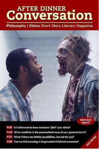 Cover of After Dinner Conversation's May 2024 issue, featuring an illustration of a person in a pristine white room looking into the face of a humanoid creature with rotting skin.