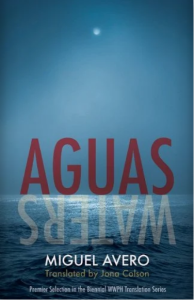 Cover of Aguas/Waters by Miguel Avero, featuring a photo of an ocean at night with the word "Aguas" in red on the horizon and the word "Waters" reflecting onto the water beneath it.