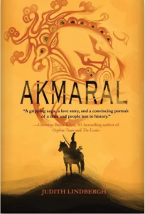 Cover of Akmaral by Judith Lindbergh, featuring an illustration of a silhouetted figure on a horse standing on top of a hill, a painted red symbol of a horse hovering above them.