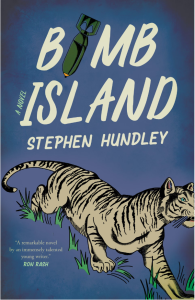 Cover of Bomb Island by Stephen Hundley, featuring an illustration of a tiger running through grass and the O in "Bomb" shaped like a bomb.