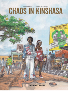 Cover of Chaos in Kinshasa by Thierry Bellefroid, featuring an illustration of a person in a dress and a person in a button-down shirt and pants standing on a city street looking out at the reader.