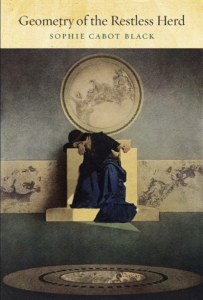 Cover of Geometry of the Restless Herd by Sophie Cabot Black, featuring an illustration of a person in a blue dress sitting on a throne, resting their forehead on their forearm.