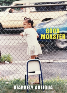 Cover of Good Monster by Diannely Antigua, featuring a photo of a child in braids standing on top of a chair and holding onto a chain-link fence that separates them from a busy street.