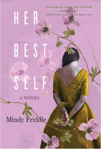 Cover of Her Best Self by Mindy Friddle, featuring an illustration of a person facing away from the reader in a gold ball gown on a pink background with flowers.