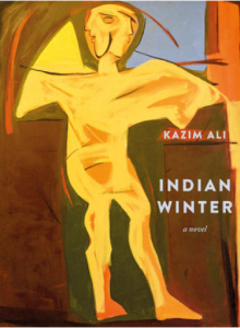Cover of Indian Winter by Kazim Ali, featuring an abstract illustration of a figure with two faces and arms that look somewhat like wings.