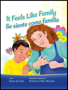 Cover of It Feels Like Family / Se siente como familia by Diane de Anda, featuring an illustration of two figures, one of them pointing at a ring on their finger.
