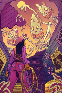 Cover of Lucky Jefferson's Awake, Issue 5: How the West Was Black, featuring a pink and purple illustration of three skeletons with horns and sharp teeth looming over a person in a cowboy hat with a rope coiled in their hand.