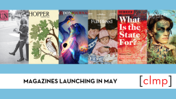A blue and white graphic featuring 6 magazine covers and text reading "Magazines Launching in May."