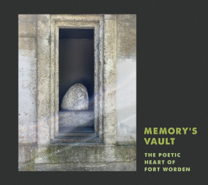 Cover of Memory's Vault: The Poetic Heart of Fort Worden, featuring a photo of a grey rock set in the window of a gray cement building.