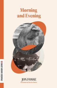 Cover of Morning and Evening by Jon Fosse, featuring a series of overlapping circles, the most prominent featuring an up-close photo of a bearded face.