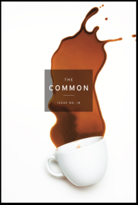 Cover of The Common Issue 18, featuring a photo of a white cup laying on its side with a brown liquid spilling out of it.