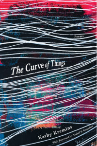 Cover of The Curve of Things by Kathy Kremins, featuring an abstract illustration of black, pink, and blue with lots of white slightly wavy lines running across it.