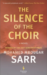 Cover of The Silence of the Choir by Mohamed Mbougar Sarr, featuring an illustration of a salmon pink cloud in the air.