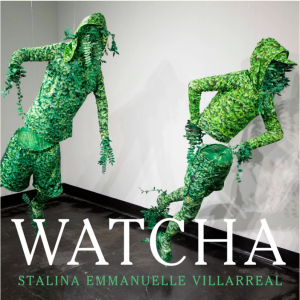 Cover of Watcha by Stalina Emmanuelle Villarreal, featuring a photo of an art installation made up of two green figures cut in half where the torsos meet the legs.