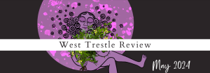 Cover image of the May 2024 issue of West Trestle Review, featuring an illustration of a person sitting with a flower bouquet in their hands on a purple circular background.