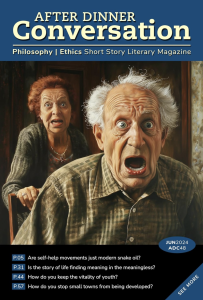 Cover of After Dinner Conversation June 2024 featuring a shocked older white man and a woman behind him.