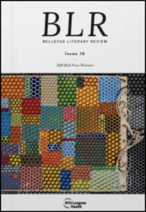Cover of Bellevue Literary Review Issue 38, featuring a collage of honeycomb-textured patches in a variety of colors.