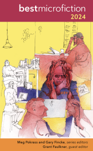 Cover of Best Microfiction 2024, featuring a sketchy illustration of several people sitting, against a yellow background.