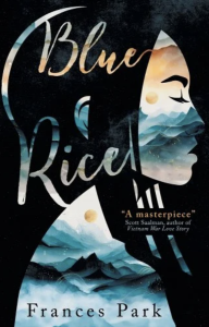 Cover of Blue Rice by Frances Park, featuring a silhouette of a woman with a seascape inside her against a black background.