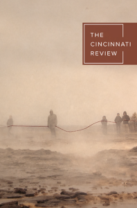 Cover of The Cincinnati Review featuring several figures standing on a shore connected by a red line.