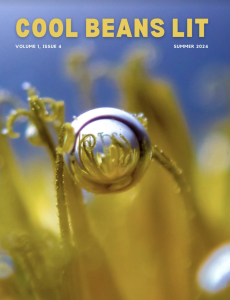 Cover of Cool Beans Lit featuring a closeup of a small reflective droplet suspended on a green plant.