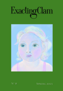 Cover of Exacting Clam, Issue 8, featuring a drawing of a pale white blonde girl against a green background.