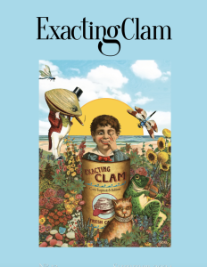 Cover of Exacting Clam, featuring a surrealist image of a child emerging from a can of clams in a garden on the beach.