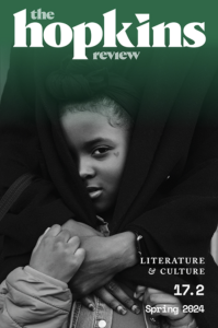 Cover of The Hopkins Review featuring a photograph of a Black girl embraced from behind by a mother-figure and peering out from her coat.