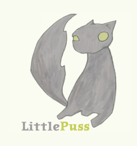 LittlePuss Logo featuring a gray cat with green eyes.