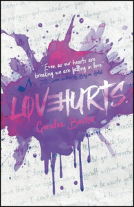 Cover of Love Hurts, featuring a purple splotch on a notebook-page background, with handwriting-style text.