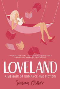 Cover of Loveland, featuring a pink illustration of a woman in high heels reading in a hammock.