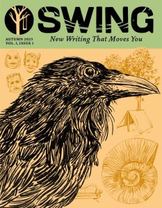 Cover of SWING volume 1, issue 1, featuring a black drawing of a raven's head on a yellow background.