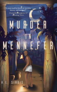 Cover of Murder in Mennefer by Al Sirois, featuring an illustration of a person i a loincloth holding a torch beneath a crescent moon.