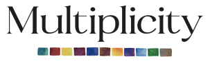 Logo of Multiplicity featuring black text above rainbow color swatches.