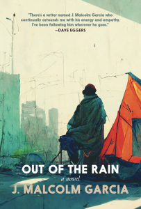 Cover of Out of the Rain, featuring an illustration of a person beside a tent, looking toward a skyline.