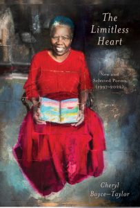 The cover of The Limitless Heart by Cheryl Boyce-Taylor, featuring a dark-skinned woman wearing a red dress, seated and holding an open book.
