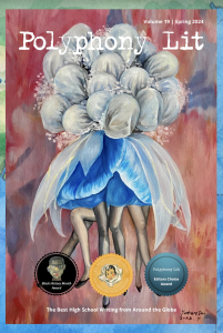Cover of Polyphony Lit, featuring a painting of several dancers in blue skirts with their upper bodies obscured by pompoms.