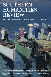 Cover of Southern Humanities Review June 2024, featuring a painterly painting of well-dressed people beneath umbrellas stepping onto boats.