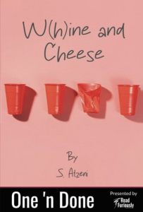 Cover of W(h)ine and Cheese, featuring four red solo cups, one crumpled, on a pink background.