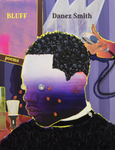 Cover of Bluff, featuring a collage-like illustration of a Black man with an ombre purple face receiving a haircut.