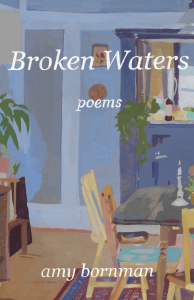 Cover of Broken Waters featuring a painting of a blue room with a kitchen table.