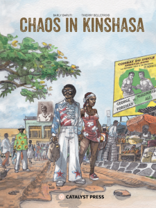 Cover of Chaos in Kinshasa, featuring an illustration of a Black man and woman in 70s style clothing in front of a crowd and a billboard featuring a boxing match.