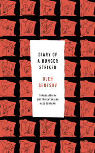 Cover of Diary of a Hunger Striker featuring a repeating pattern of a red illustration of a seated human figure on a black background.