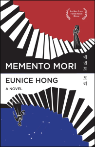 Cover of Memento Mori featuring a Greek-style illustration of a woman on a staircase against a red background, against a mirror image of a man on a staircase against a blue background.