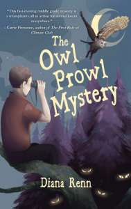 Cover of The Owl Prowl Mystery featuring an illustration of a white boy watching an owl through binoculars.