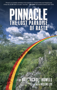 Cover of Pinnacle The Lost Paradise of Rasta featuring a landscape photograph with a red, yellow, and green stripe juxtaposed on top.